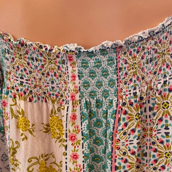 Democracy Patchwork Square-Neck Peasant Top in Pink, Green, Yellow, White - Picture 3 of 6